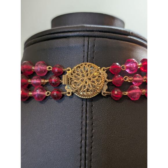 VTG Signed Western Germany Pink Gray Faceted Three Strand Acrylic Bead Necklace - Picture 7 of 9